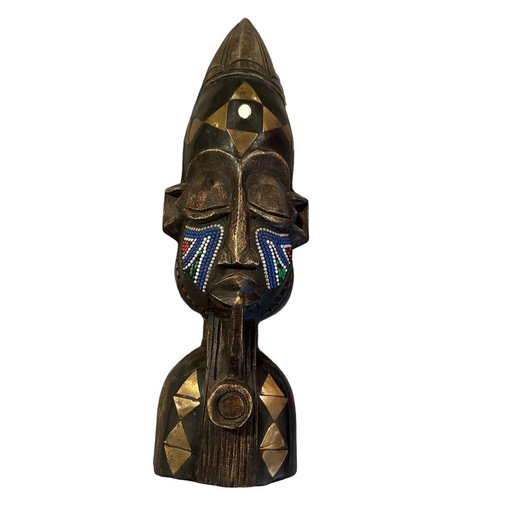 Wooden Mask Ghana Africa Ghanean Tribal Beaded Cheeks African Art Embossed Metal